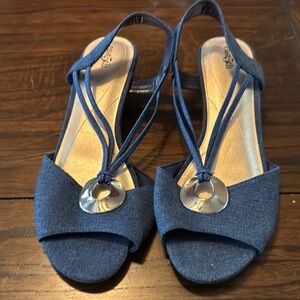 East 5th Navy Blue Open-Toe Slingback Sandals with Silver Accents